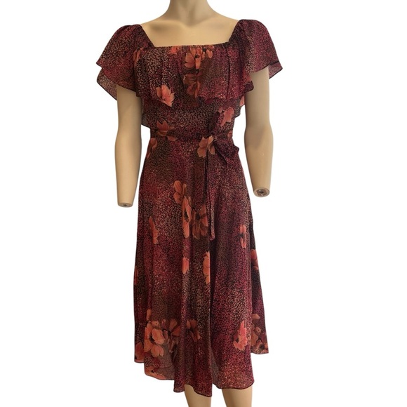 Vintage Floral Ruffled off the shoulder red and black midi dress Women’s Size 6 - Picture 7 of 10
